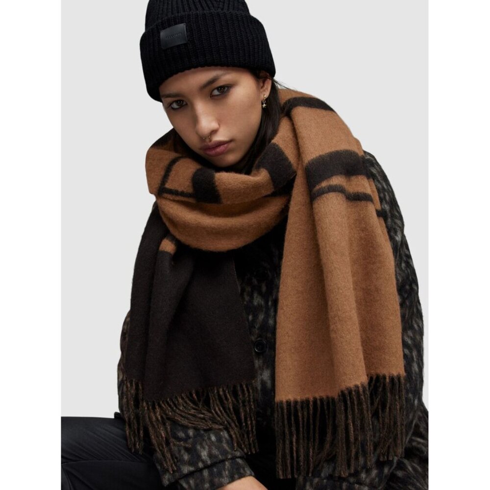 All Saints Max Logo 100% Wool Long Scarf Butterscotch and Black